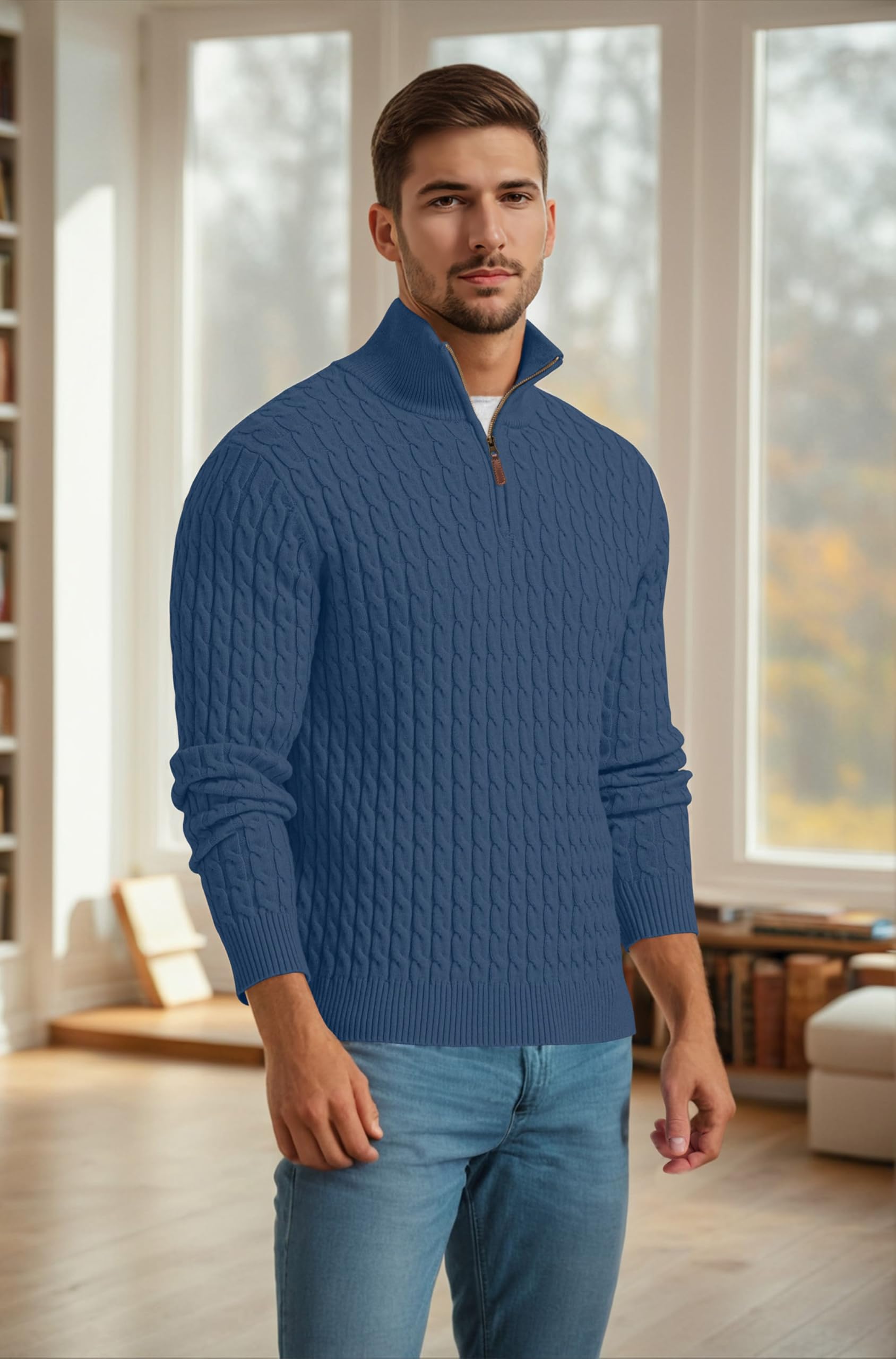 QIXING Maglione da uomo a trecce, con cerniera a un quarto, collo alto, motivo a trecce, morbido, casual, con bordi a costine