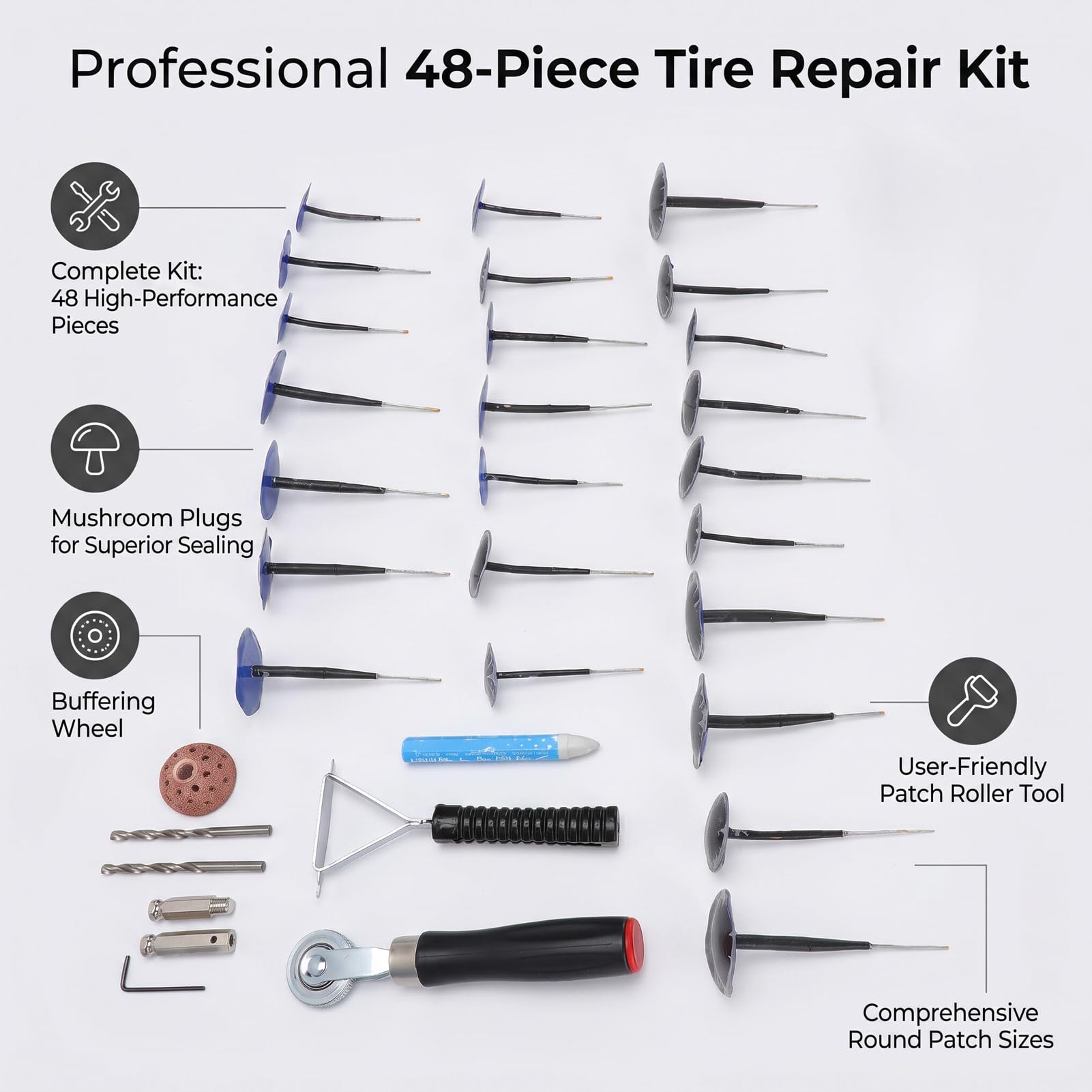 Kit di Riparazione Pneumatici 48 Pezzi, Set di Toppe e Tappi in Gomma con Rullino Raschiatore e Ruota Abrasiva per Auto