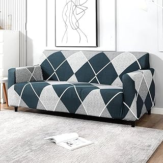 BLUSH & BLOOM 3 Seater Elastic Stretchable Sofa Cover, Geometric Diamond Print, Teal and Grey, Elastic Slipcover for Livin Price In India