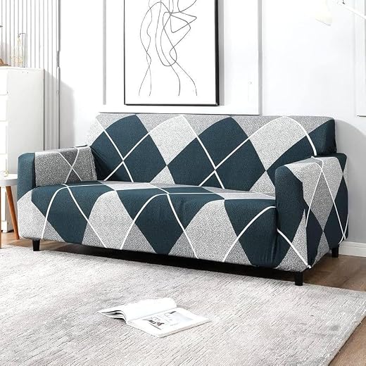 BLUSH & BLOOM 3 Seater Elastic Stretchable Sofa Cover, Geometric Diamond Print, Teal and Grey, Elastic Slipcover for Livin...