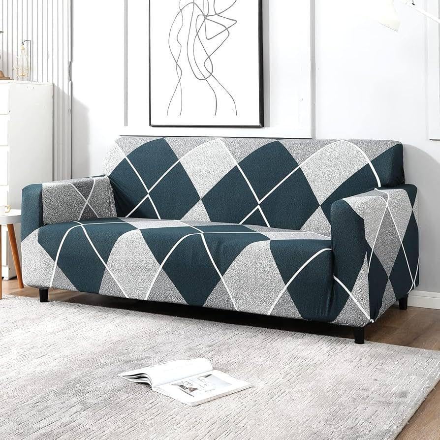 Image of BLUSH & BLOOM 3 Seater Elastic Stretchable Sofa Cover, Geometric Diamond Print, Teal and Grey, Elastic Slipcover for Living Room