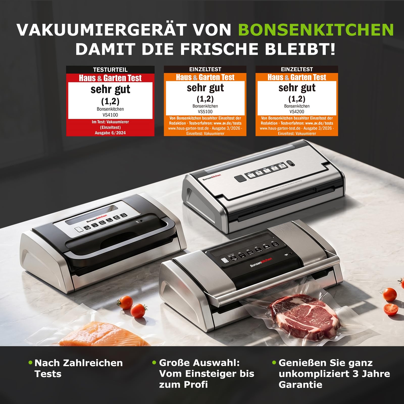 Bonsenkitchen Vakuumiergerät VS5100 15 L/min, Vakuumierer mit Beutelclip, Griffverriegelung, Schneider, für Sous-Vide-Garen