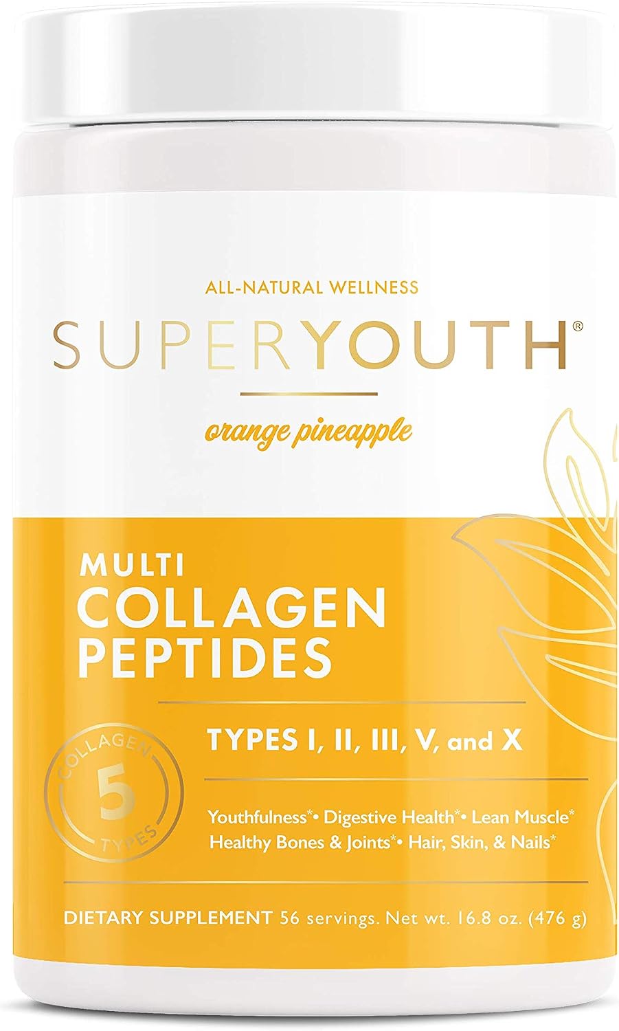 Super Youth Collagen Powder, Orange Pineapple, 5 Types of Collagen Peptides: I, II, III, V, & X, Youthfulness, Digestive Health, Healthy Bones & Joints, Hair, Skin, & Nail Vitality, 56 Servings