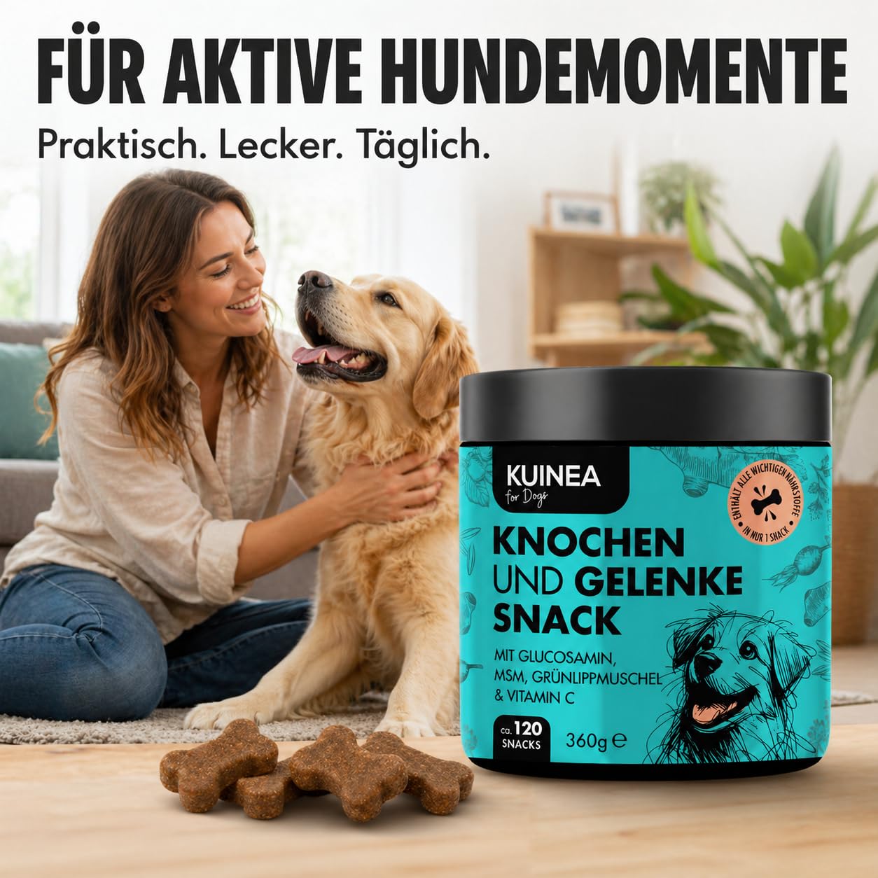 KUINEA® Hochkonzentrierte Gelenktabletten für Hunde als Leckerli – 120 Soft Chews (360g) – Grünlippmuschel Hund, Glucosamin, MSM & Vitamin C – Knochen & Gelenke – Getreide- & zuckerfrei, laborgeprüft