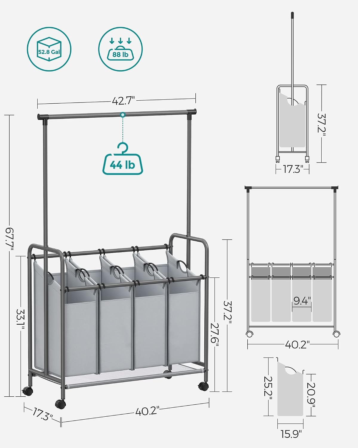 SONGMICS 4-Section Laundry Sorter, Rolling Laundry Cart with Hanging Bar, Laundry Organizer, Hampers for Laundry, Heavy-Duty, Lockable Wheels, 4 x 13.2 Gal, Gray URLS44GS