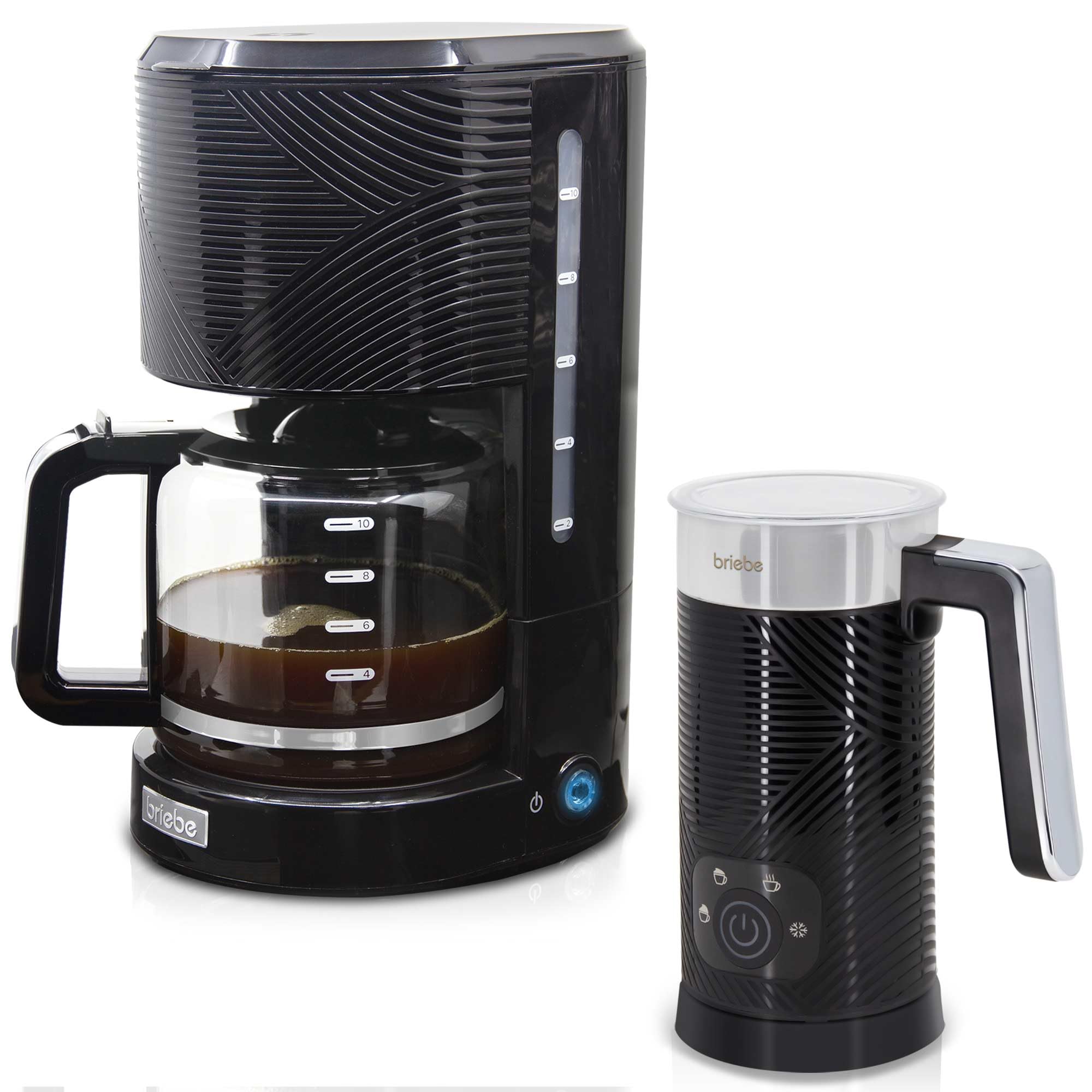 briebe Elegance Set Cafetera Goteo 10 Tazas + Espumador de Leche Eléctrico, Máquina de Café Filtro 1,25L, Milk Frother 4 en 1 Espuma Fría/Caliente, Libre de BPA, Negro