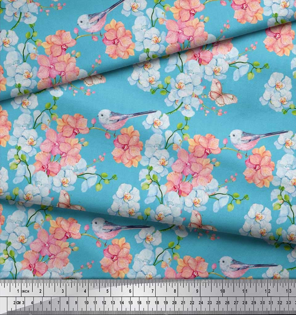 Soimoi Poly Georgette Fabric - Blue Bird & Floral Print Textile 42 Inches Wide By The Yard