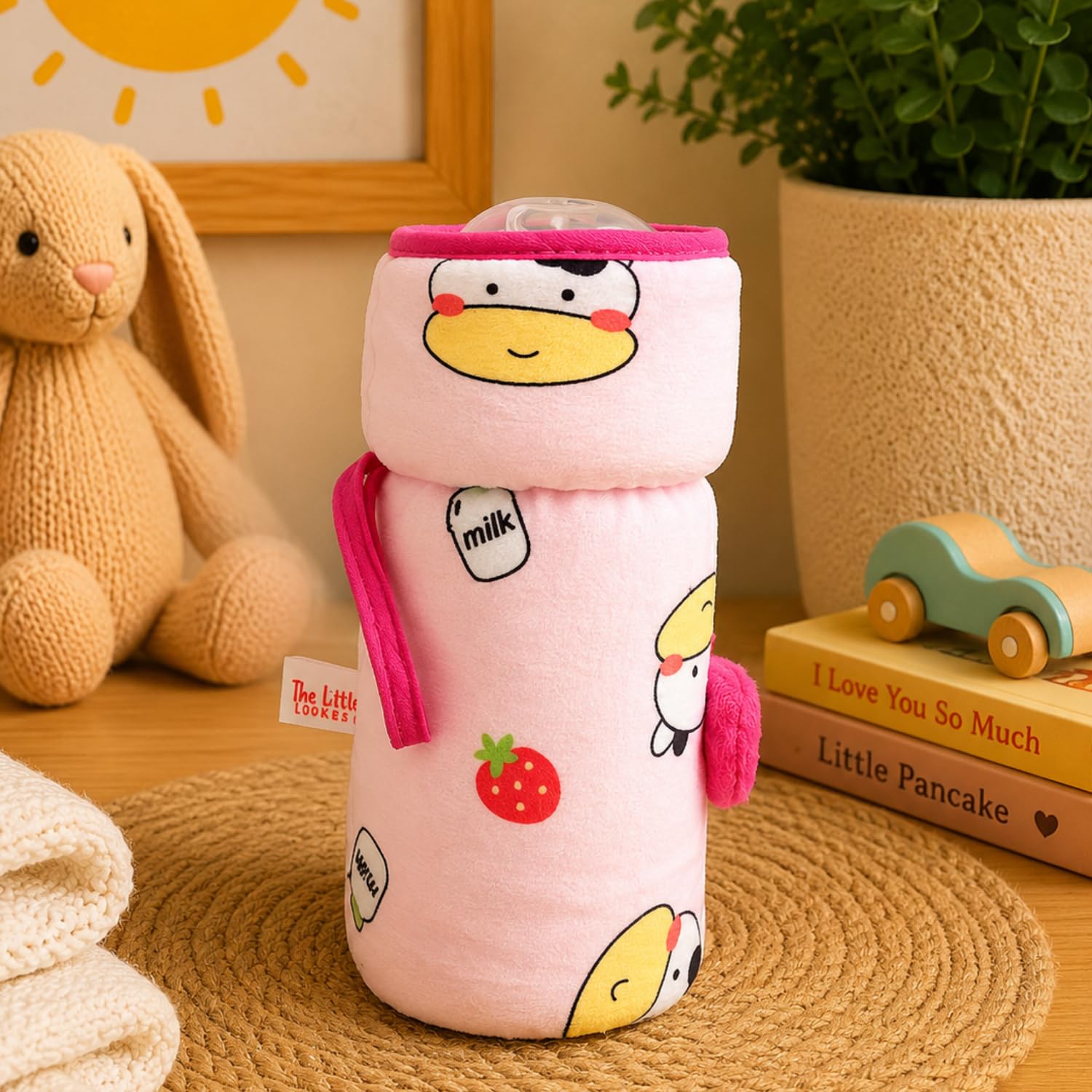 THE LITTLE LOOKERS Soft Plush Stretchable Baby Feeding Bottle Cover with Easy to Hold Strap | Cute Animated Overall Print Pack of 2 (Pink & Blue, Wide Neck 240-330ml/8-11oz) 1