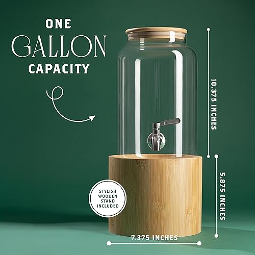 Miniatura 6 de Kitchentoolz Dispensador de bebidas de vidrio de 1 galón para fiestas en soporte de bambú, tarro de bebidas de borosilicato premium con espita de