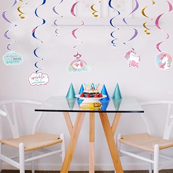 12 PCS Rainbow Unicorn Ceiling Streamers - Hanging Decorations for Girls' Unicorn-Themed Birthday Party Supplies