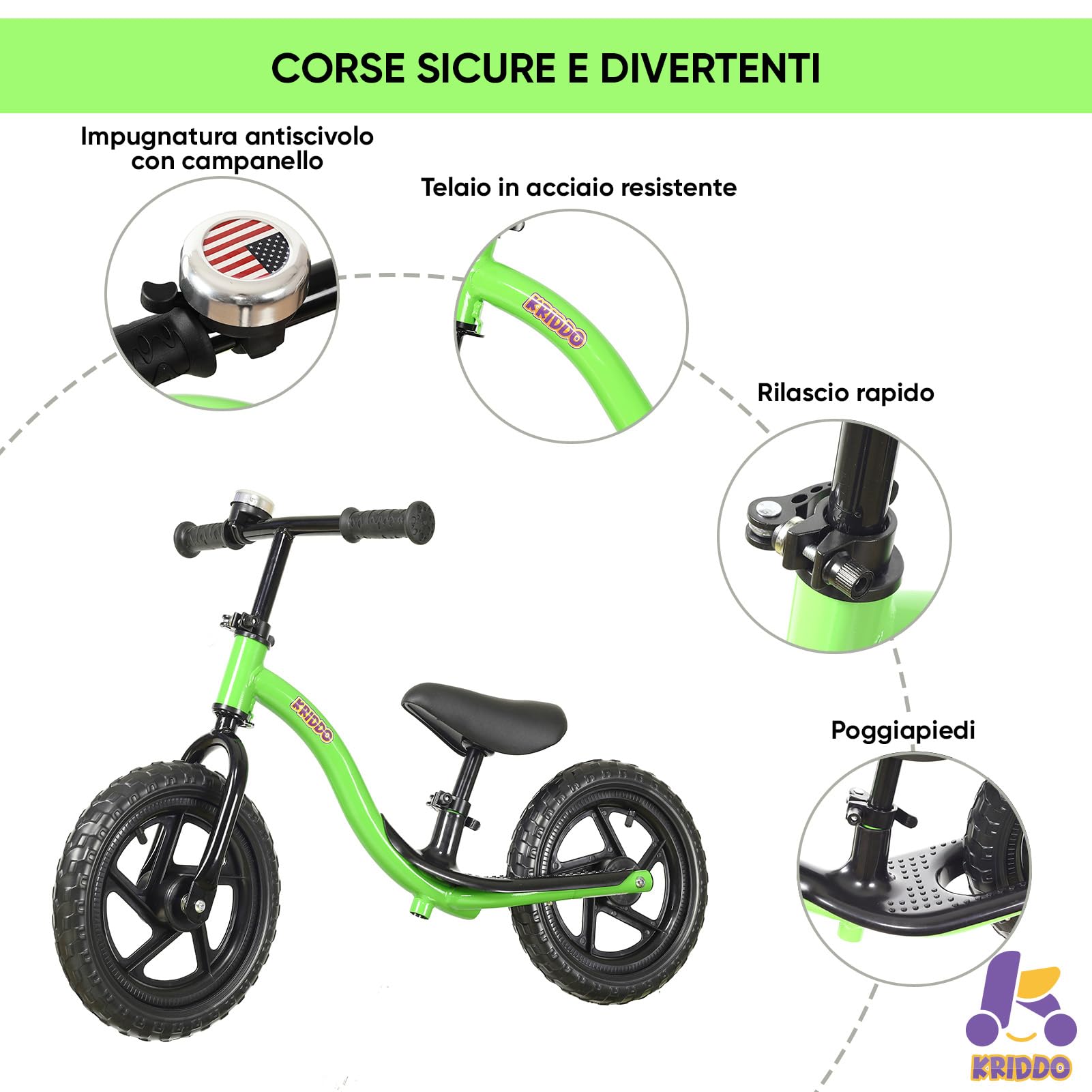 KRIDDO Bicicletta Senza Pedali per Bambini di 2 Anni, Età 24 Mesi a 5 Anni, Bicicletta Interattiva per Apprendimento Precoce con Stabilità, Regalo per Bambini e Bambine di 2-5 Anni