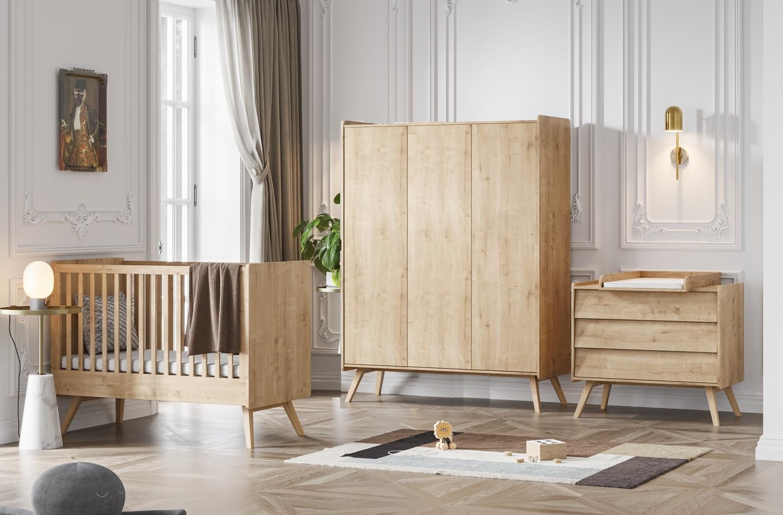 QMM Babyzimmer Kinderzimmer Vienna komplett Set B Kleiderschrank 3-türig Kommode Wickelaufsatz Bett (Eiche)
