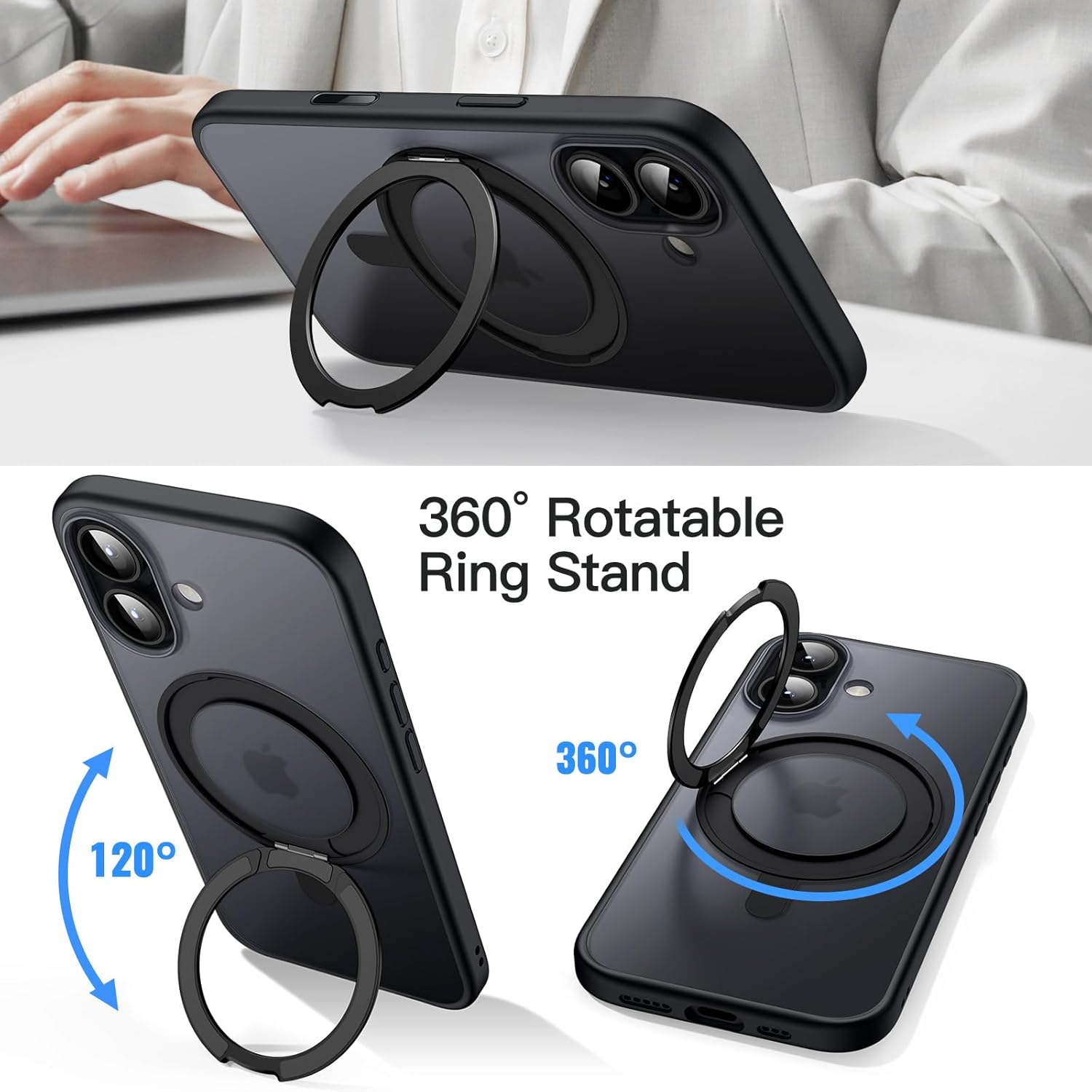 JETech Capa com Anel Giratório de 360 Graus para iPhone 17 6,3 Polegadas com Botão de Controle de Câmera, Compatível com MagSafe, Case Fina com Suporte & Suporte de Anel (Preto)