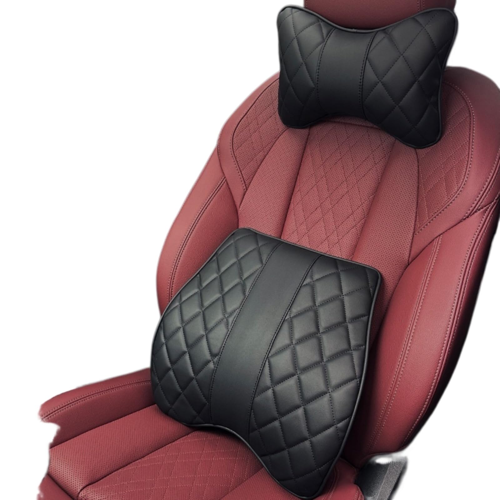 Cuscino Auto, Lombare 2 PCS Collo Auto E Set di Cuscini Sostegno Lombare, Poggiatesta in Schiuma Memoria, Posteriore Pelle per SUV, Camion-Set Lafite Red