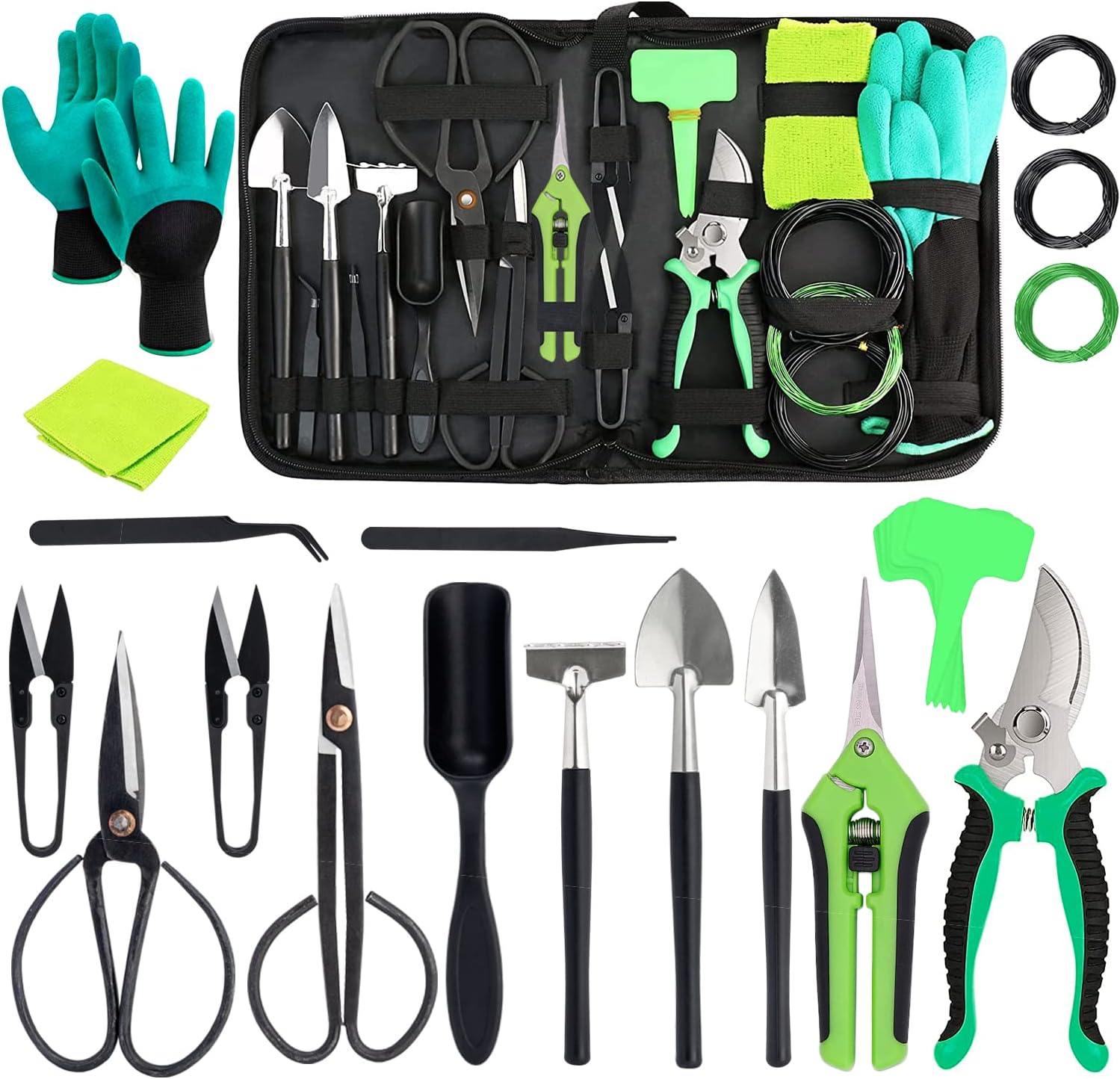 TeTupGa Gardening Bonsai tools set, 25 PCS Carbon Steel indoor Outdoor Plant Trimming Tool Kit Tree Care Bag With Bonsai Wire, Pruning Shears,Scissors, Rake, Shovel, Leaf Cutters For Beginner