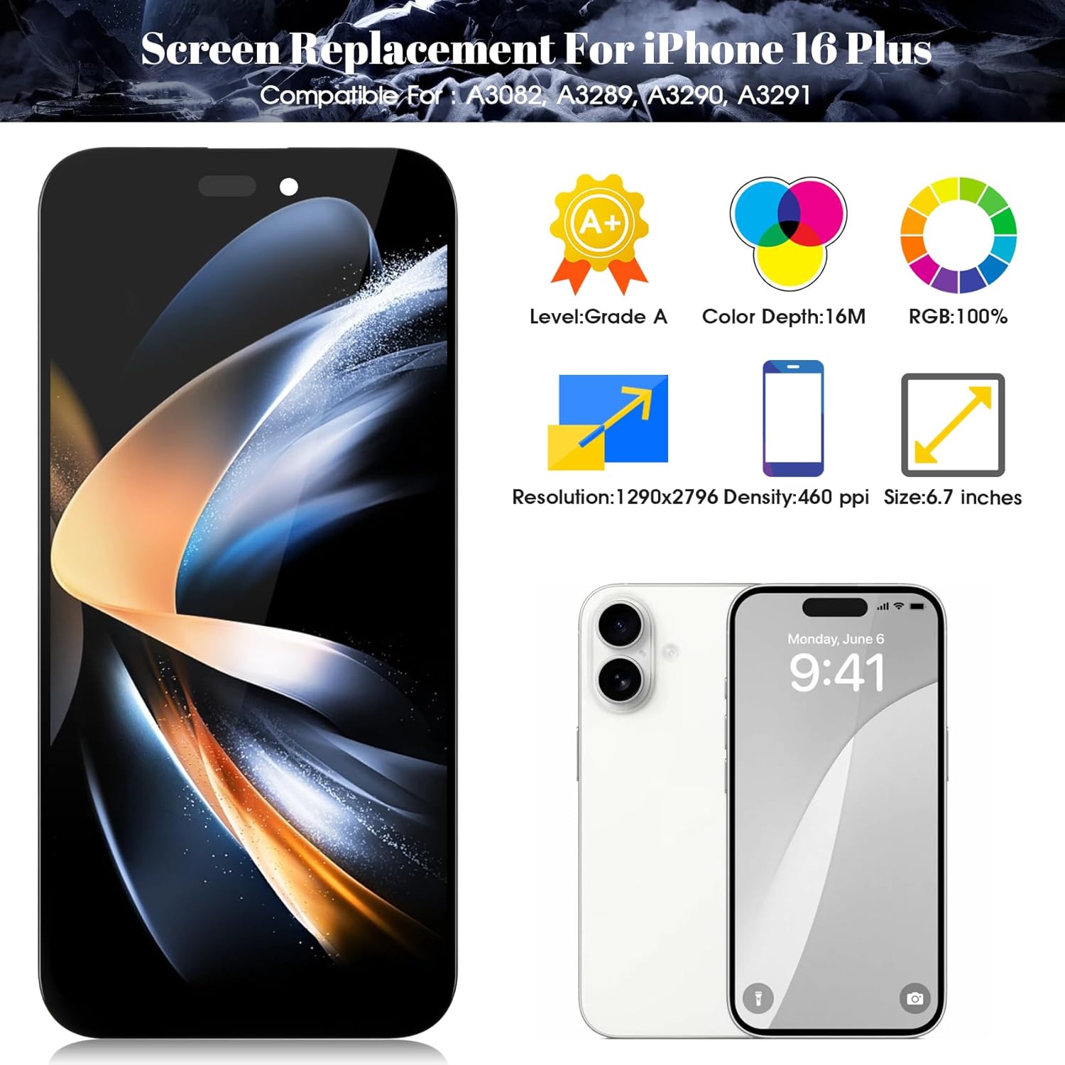 Incell for iPhone 16 Plus LCD Display for iPhone 16 Plus A3290 Screen Replacemet for iPhone 16 Plus A3082, A3289, A3291 Touch Screen Digitizer Display Assembly Repair Kits Without Frame(Black) 6.7''