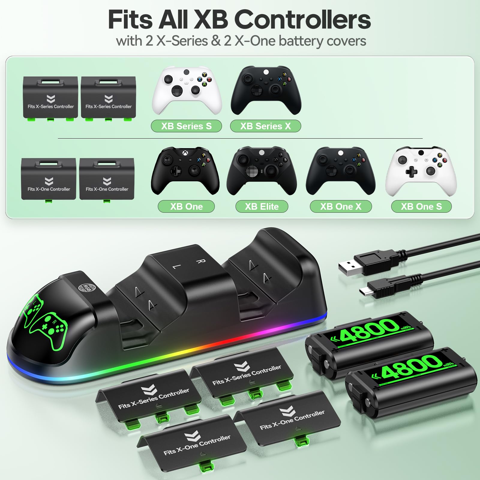 Controller Ladestation mit 2x4800mWh wiederaufladbaren Akkupacks Kompatibel mit Xbox One/Elite/Series X|S, Controller Ladestation, XB Gaming Zubehör mit 9 RGB-Modi und 4 Akkuabdeckungen
