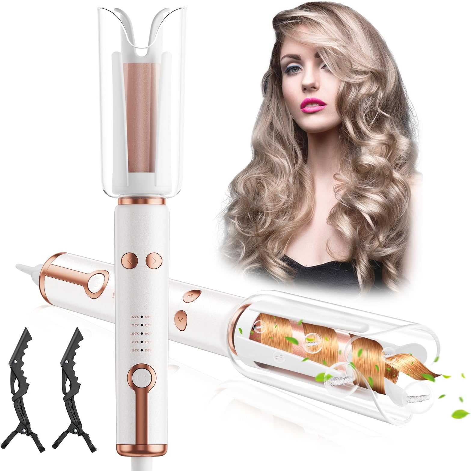 Automatic Curling Iron - 1.1'' Automatic Hair Curlers with 5 Temps & Timer, Anti-Tangle and Dual Anti-Scald, Fast Heating Iron for Hair Styling