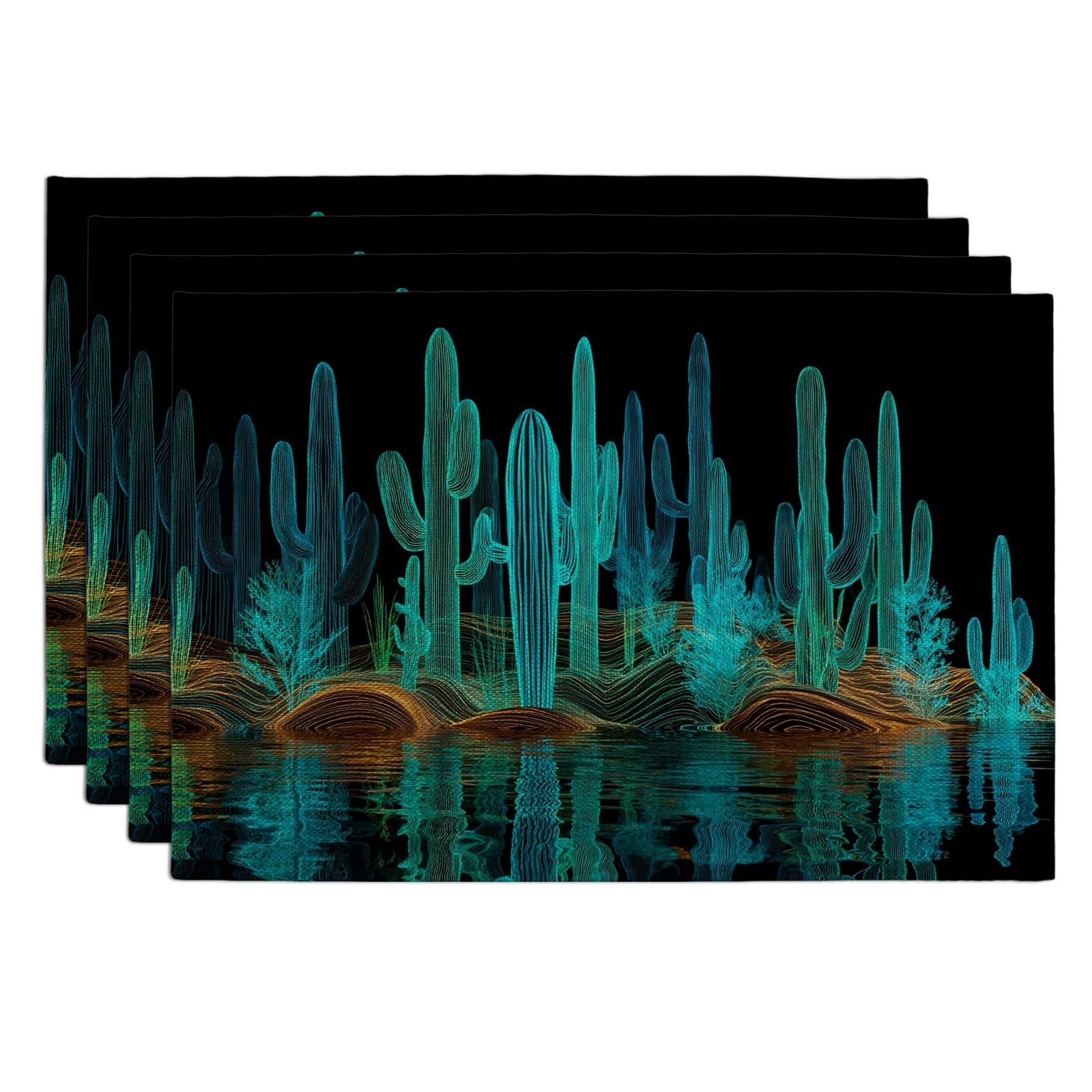 Neon Cactus Placemats, Black Desert Botanical Place mats for Dining Table, Non-Slip Washable Indoor Outdoor Party Decorative Placemat Set of 4