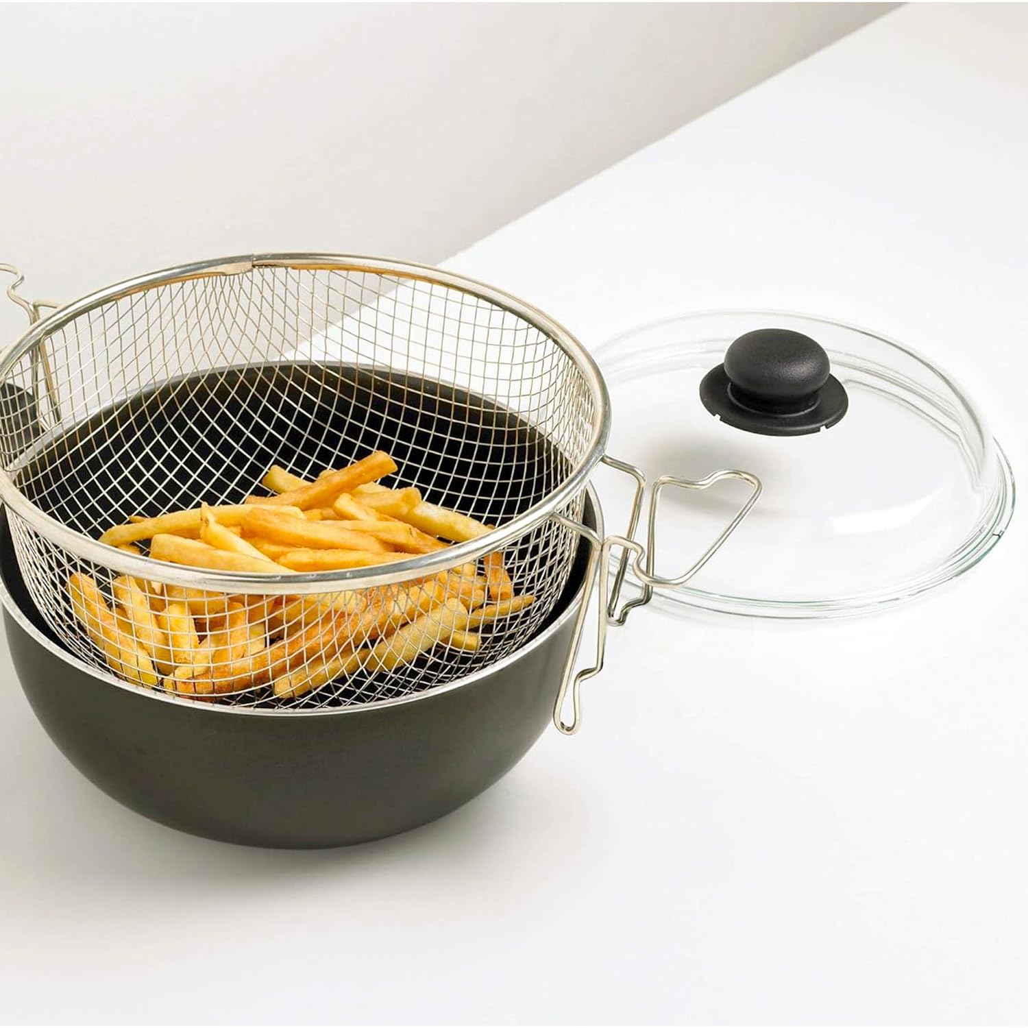Avilia Padella Antiaderente per Friggere, 24 cm, in Acciaio Inox, con Cestello, Coperchio in Vetro e Termostato Regolabile, Lavabile in Lavastoviglie, Ideale per Patate, Pollo, Carne, Pesce