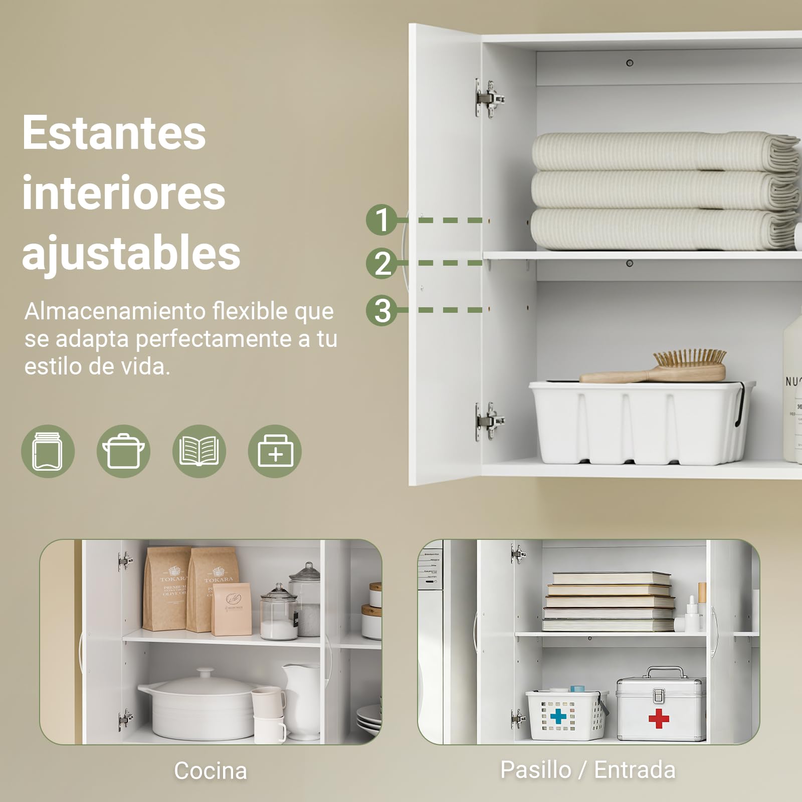 SoBuy Mueble de Cocina Largo de Pared - Armario de Cocina con 3 Puertas Blanco Armario Pared Salvaspazio de Madera 60x30x90 cm con Estante Ajustable Despensero Moderno FRG231-L-W