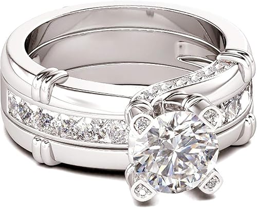 Miniatura 4 de Juego de anillos de diamante para mujer juego de anillos de combinación creativa 2 en 1 con circonita y anillo de moda versátil para boda compromiso