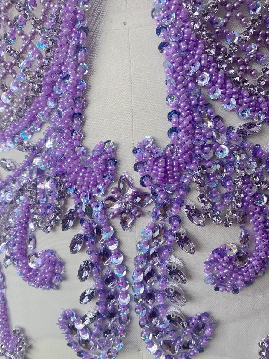 Handmade Rhinestone Applique Sewing Beads Stones Trim Patches for Skirt Accessories 15X22.4inches (Light Purple)