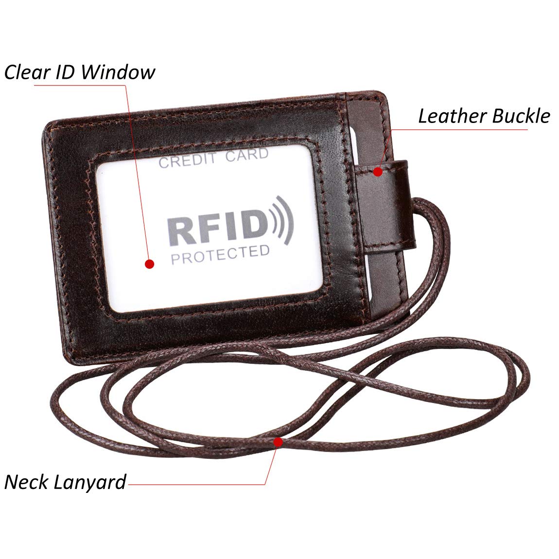 Uchwyt na identyfikator blokujący RFID, 2-stronny pionowy portfel na karty kredytowe z prawdziwej skóry, z 1 okienkiem na dowód osobisty, 3 przegródki na karty i smycz / pasek na szyję