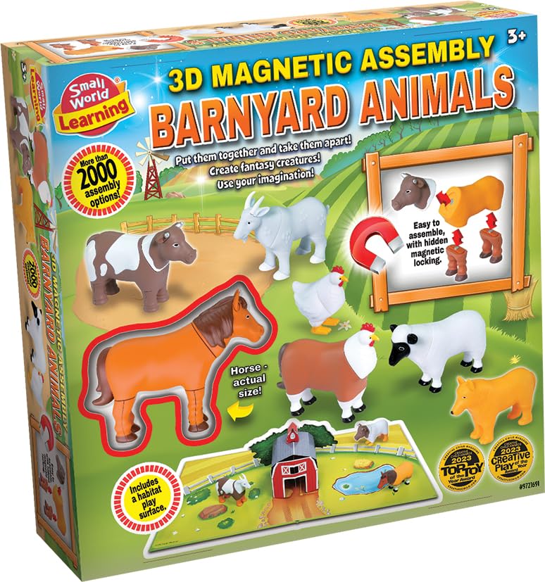 Small World Learning 3D Magnetic Barnyard Animals Assembly Set, Educational Farm Toys with Hidden Magnetic Locks, Ages 3+