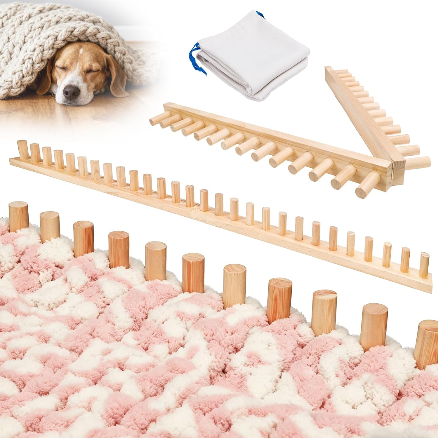Solid Wood Chunky Blanket Loom for Chunky Yarn to Knit without Needles - Foldable Chunky Yarn Loom for Blankets & Scarves - Available in 32"/48"/72" - with Storage Bag, Stress Relief DIY Gift