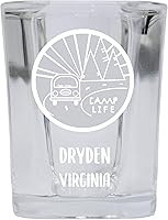 Vista 2 de Dryden Virginia Souvenir Laser Engraved 2 Ounce Square Base Liquor Shot Glass Adventure Awaits Design