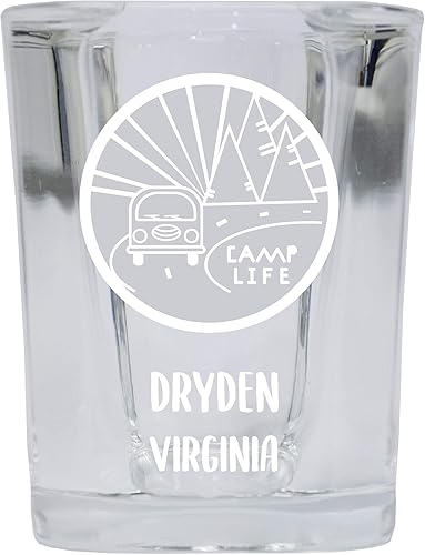 Dryden Virginia Souvenir Laser Engraved 2 Ounce Square Base Liquor Shot Glass 4-Pack Camp Life Design