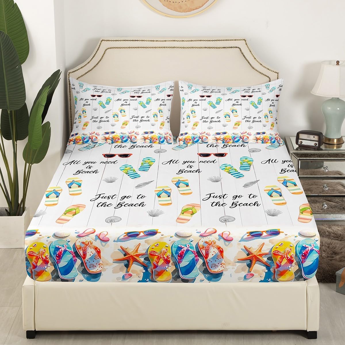Summer Colorful Slippers Bed Sheet Set Queen,Seaside Wooden Stripes Watercolor Sunglasses Bedding Sets for Bedroom Decor,Hawaii Travel Beach Shell Conch Fitted Sheet + Flat Sheet + 2 Pillow Cases