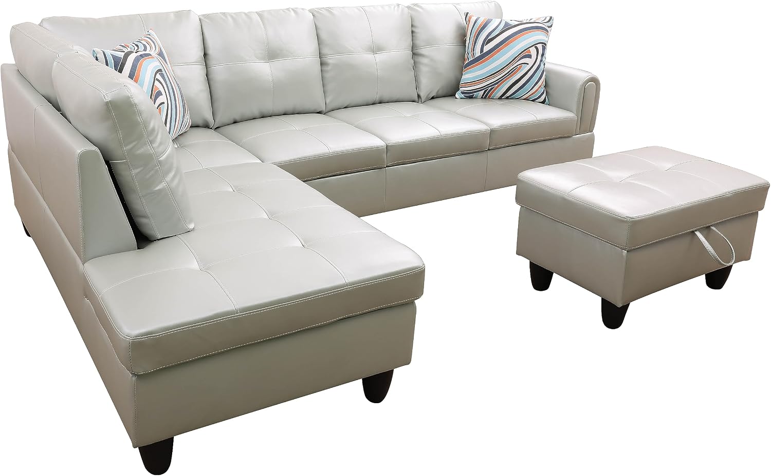 NicBex Couches for Living Room L Shaped Couch Upholstered Futon Sofa Comfy Faux Leather Modular Sofa 3-Piece Living Couch with Storage Ottoman for Apartments, Living Room and Office, Silver Green