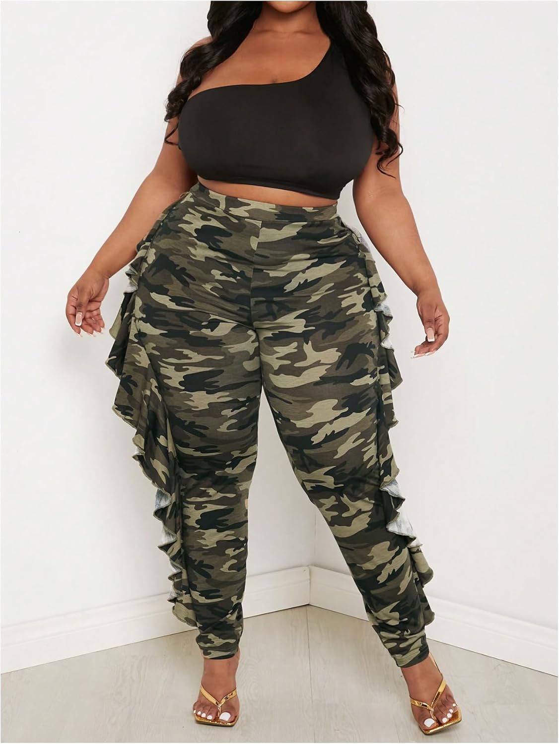 WDIRARA Women's Plus Size Ruffle Camo Print Pants Elastic High Waisted Leggings Skinny Pants - Image 5