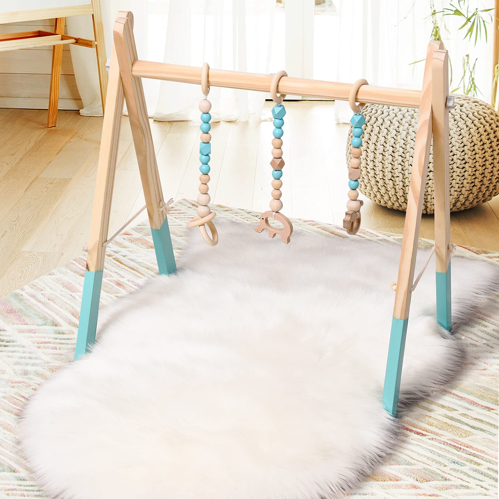 GYMAX Palestrina Legno per Neonati 3+ Mesi Pieghevole, 3 Giocattoli Sensoriali Sospesi, Arco Gioco Giocattolo Attivo per Cameretta, Allenamenti di Corpo, 60 x 44 x 60 cm (Verde)