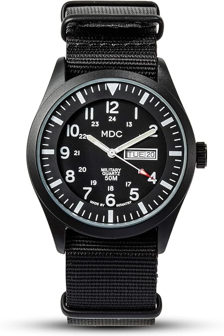 Infantry MDC Mens Military Field Watch, 12/24H Day Date, Waterproof Nylon | Tactical Army Style, Analog Quartz, Stealth and Vietnam Style Options, Band for Outdoor Work Sport