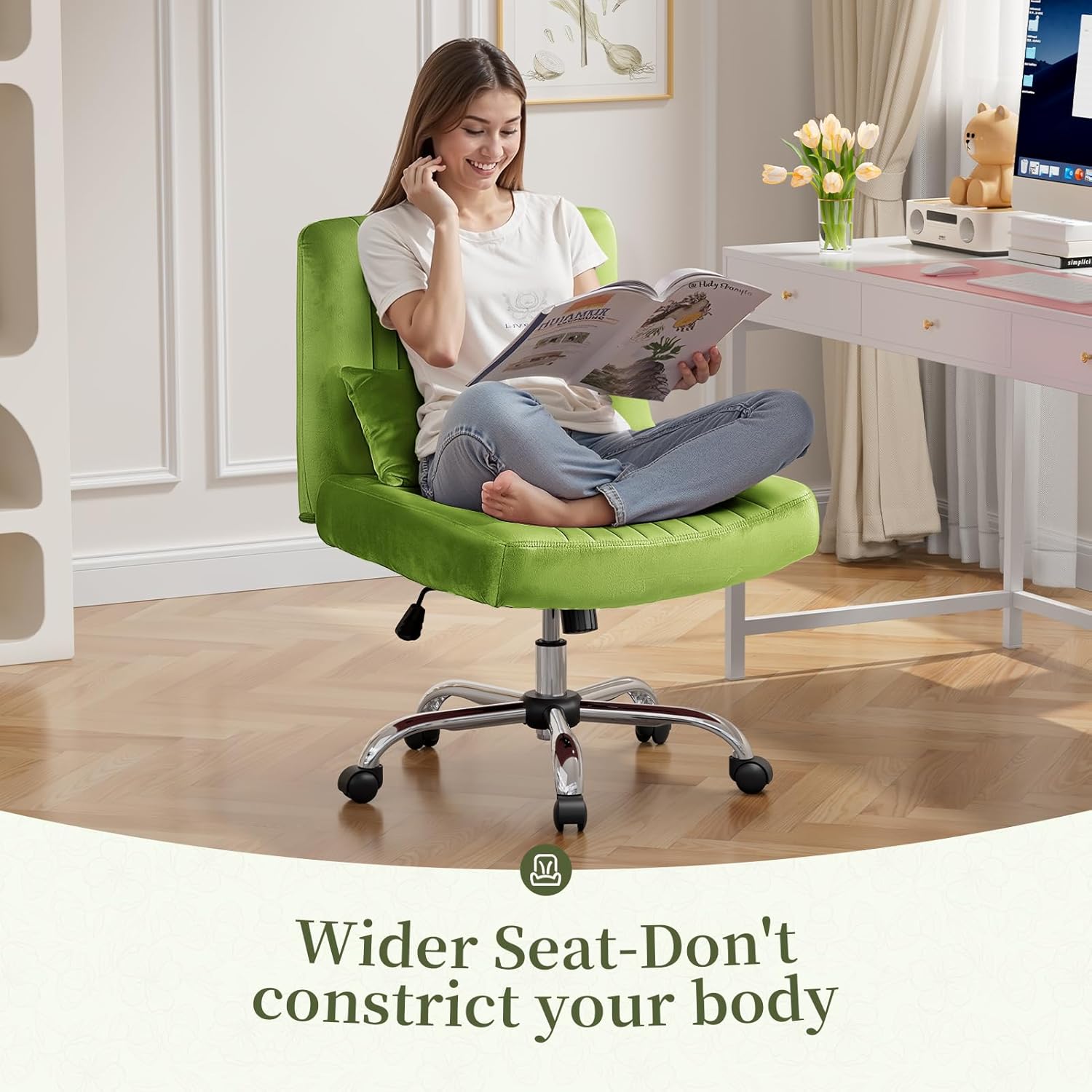 Warmiehomy Velvet Cross Legged Office Chair, Comfy Desk Chair for Home Office, Criss Cross Chair with Wheels, Height Adjustable Vanity Chair, Swivel Wide Seat Computer Chair Gift, Light Green