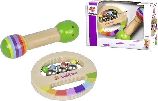 Eichhorn - 2 teiliges Musik Set, enthält Greifling mit Glocken und Stab mit Geräusch, Bunte Musikinstrumente aus Holz, ab 1 Jahr