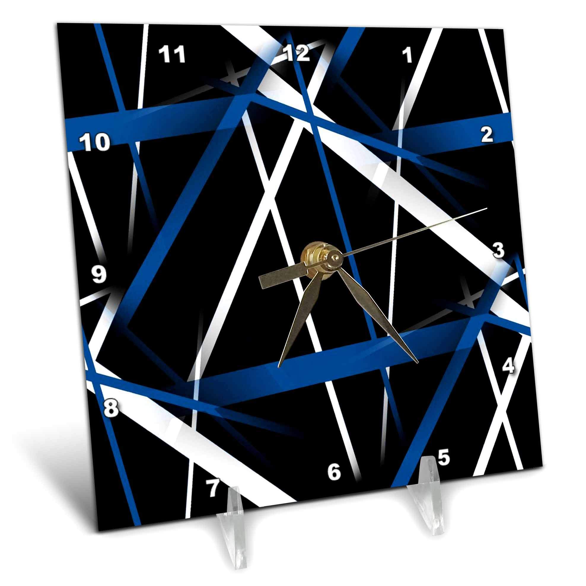 3dRose 6x6 Desk Clock - Seamless Criss Cross Royal Blue and White Lines On Black Vector - Geometric Pattern