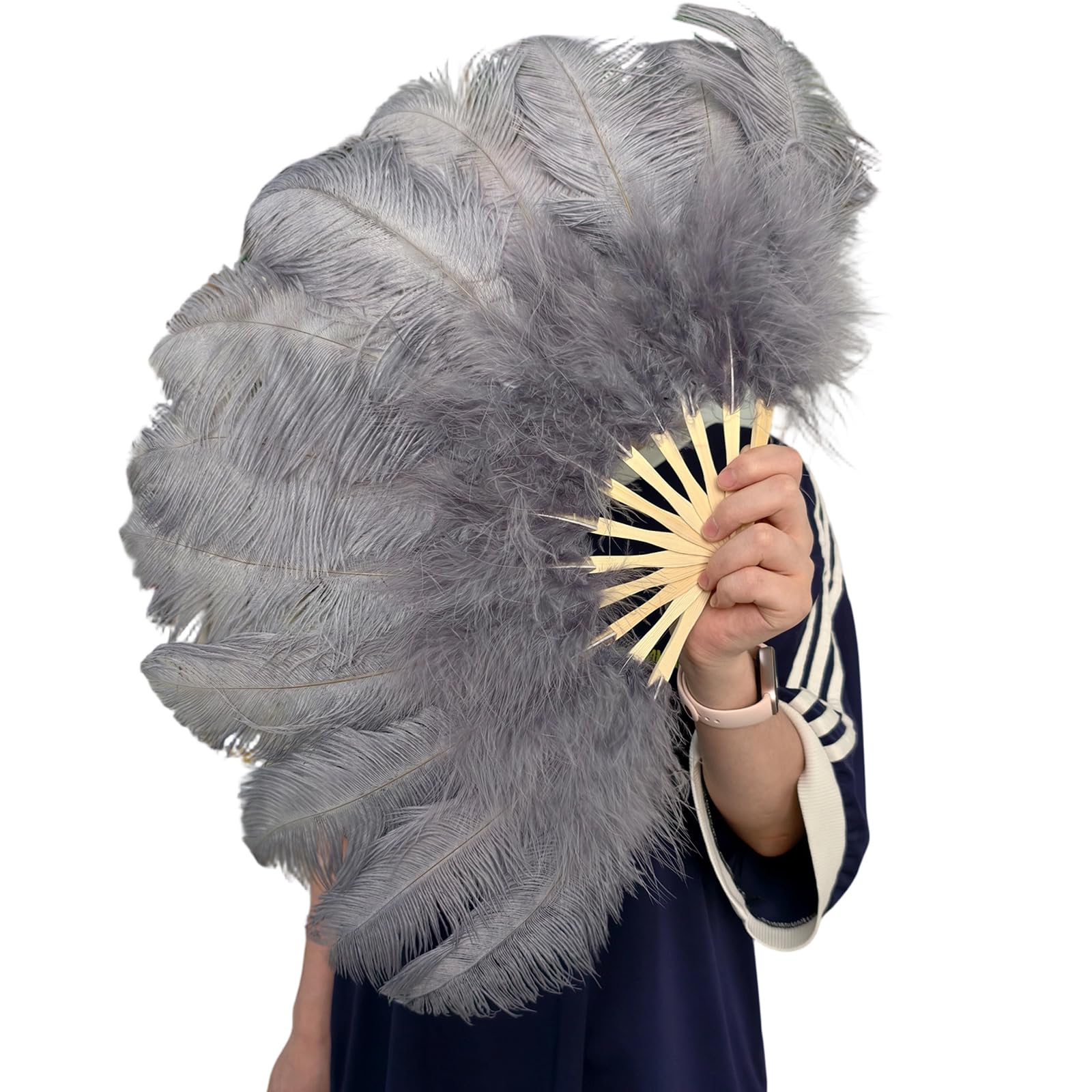 Greabuy Folding Fan with Handle 30cm / 11.8in Handheld Accessory for Theater Shows Wedding Parties and Photos Plume Dance Accessory Folding Fan Theater Costume Wedding Photo Party Decor Stage Show