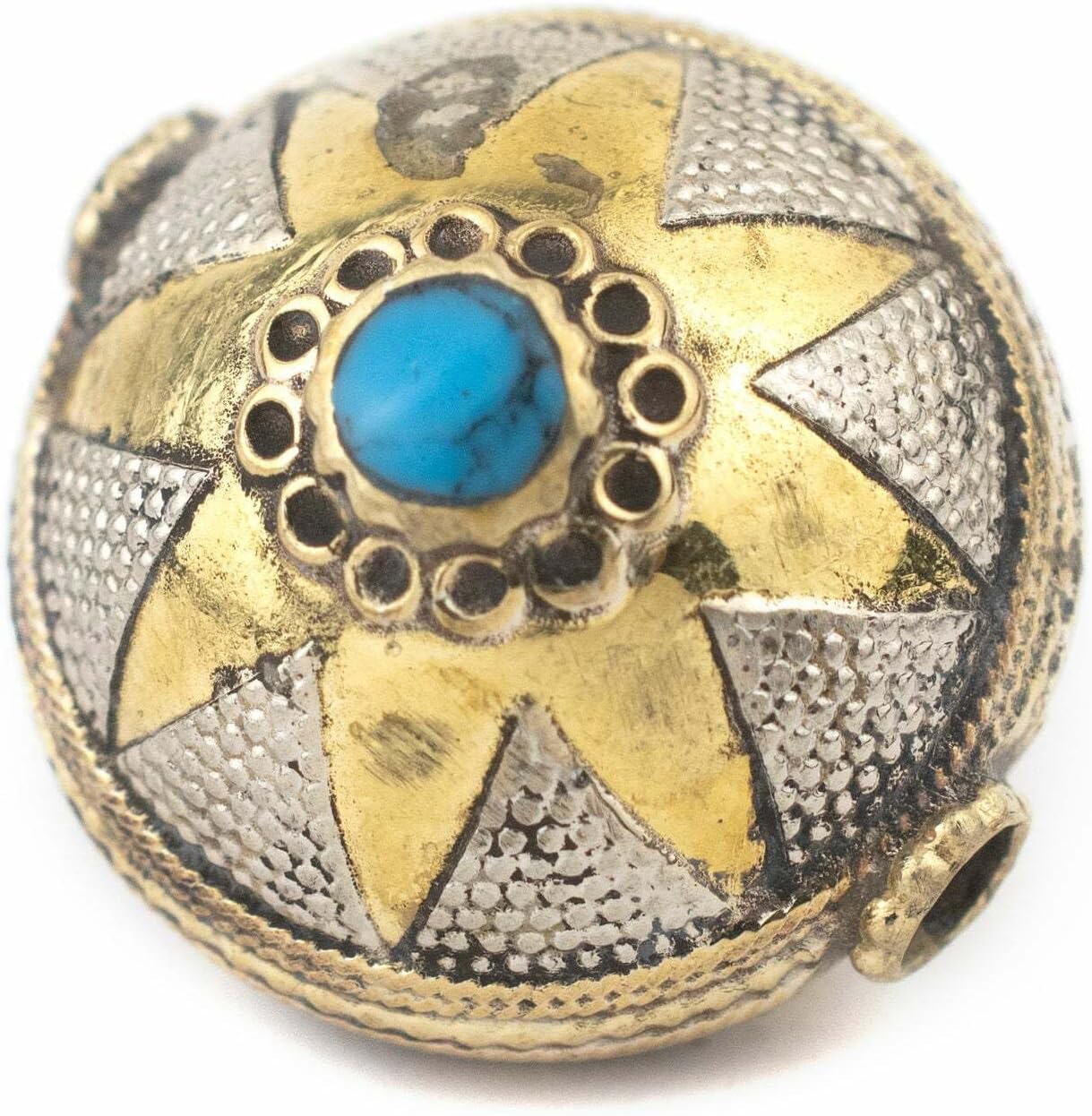 The Bead Chest Turqouise Blue Inlaid Afghan Brass Bead Pendant (30x26mm)