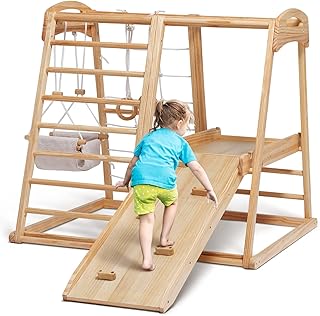 ECOMEX Indoor Jungle Gym for Toddlers 8 in 1 Indoor Playground Wooden Montessori Climber Playset with Slide Swing Climbing Net Monkey Bars Rope Ladder Climbing Rock Climbing Ladder Gymnastics Rings