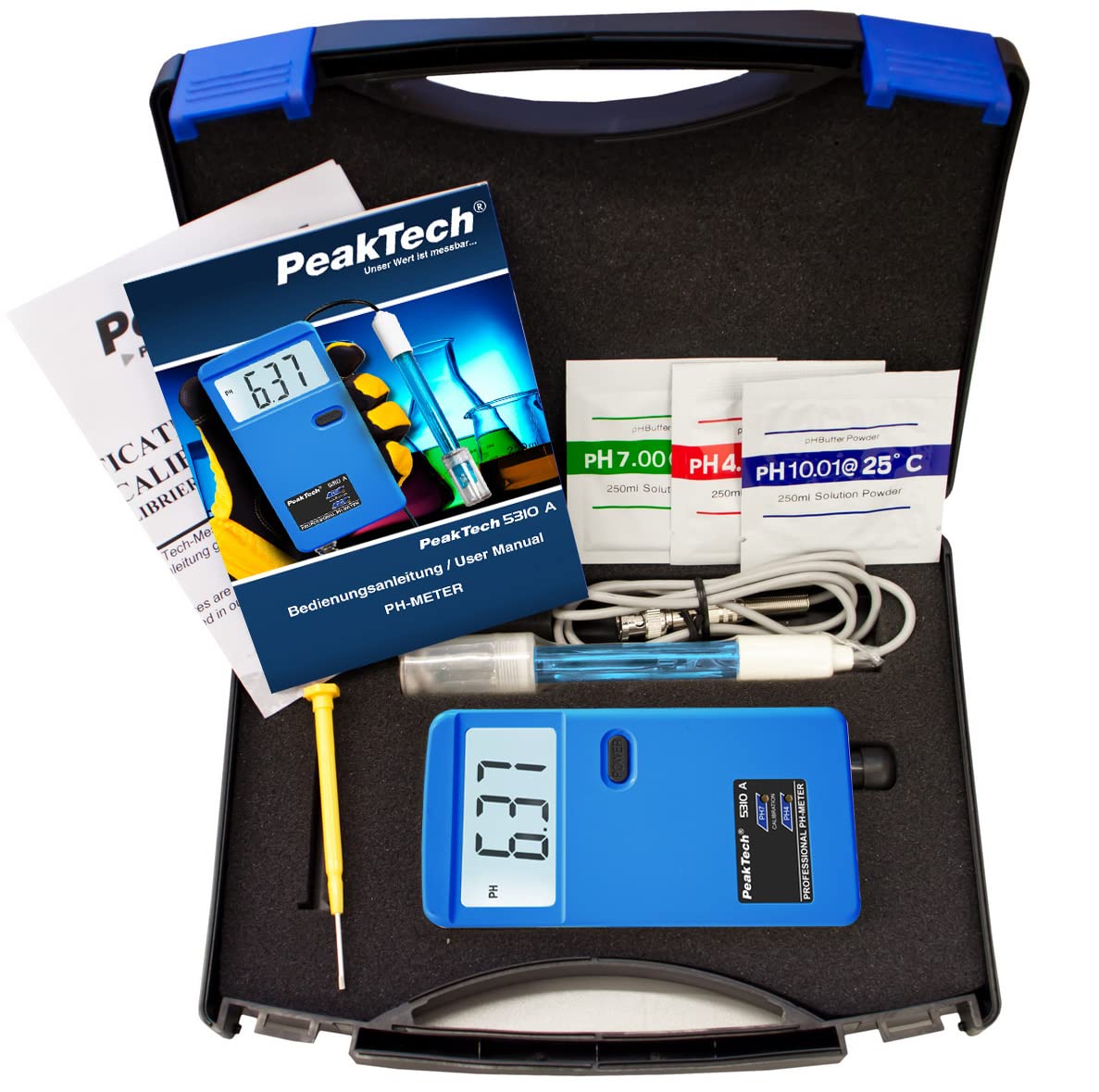 PeakTech Misuratore di pH 5310 A con sonda di elettrodi BNC sostituibile, adatto per piscina, acquario e laboratorio, P 5310 A, blu