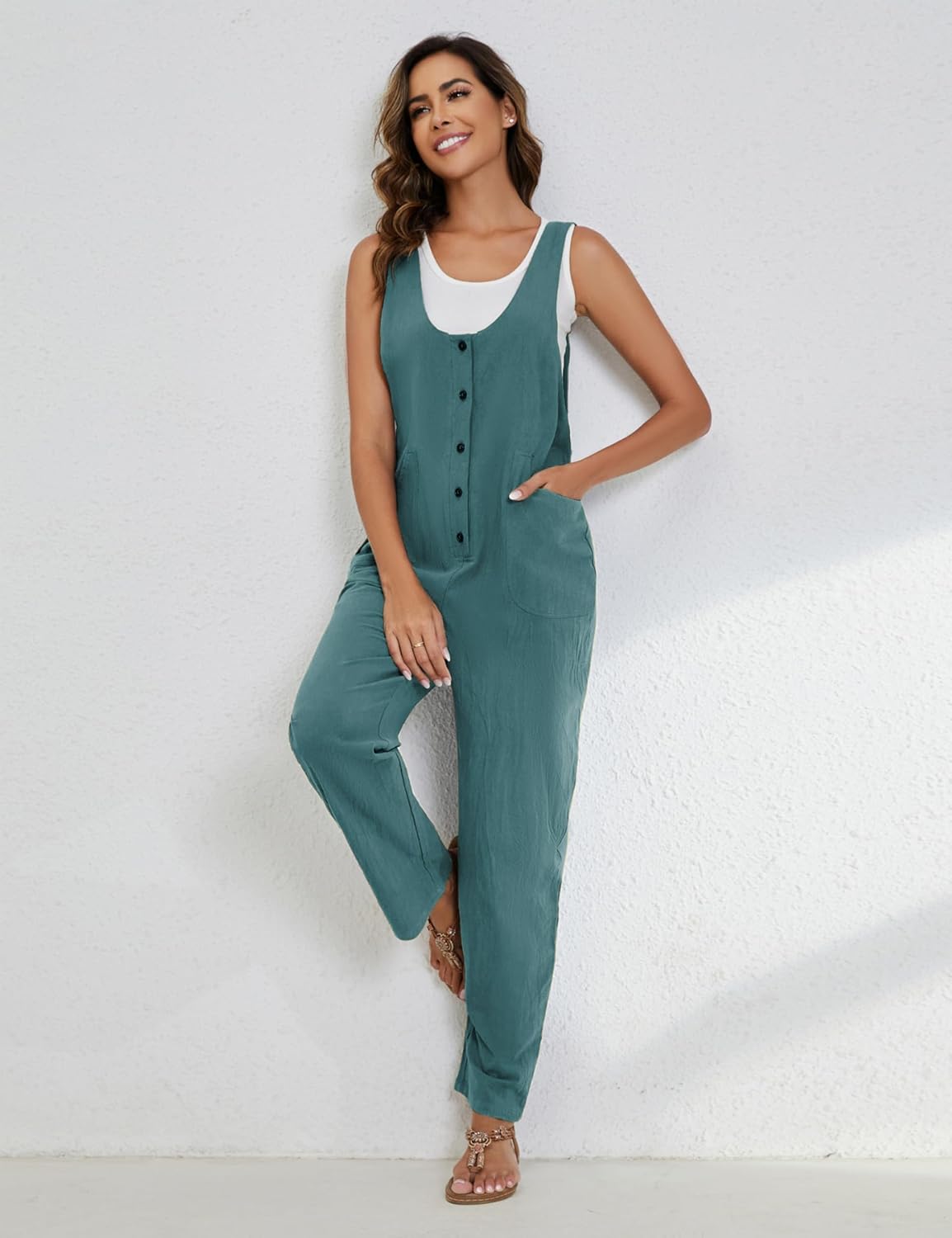 Yeokou Womens Overalls Linen Cotton Jumpsuits Loose Casual Jumpers with Pockets - Image 5