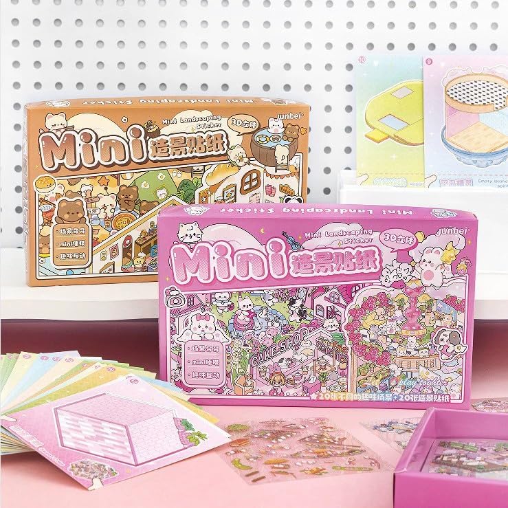 3D Mini Pet Scene Sticker Set, 20 Scenes + 20 Stickers Cute Pet Landscape DIY Craft Sticker Gift Box for Girls Kids - Pink