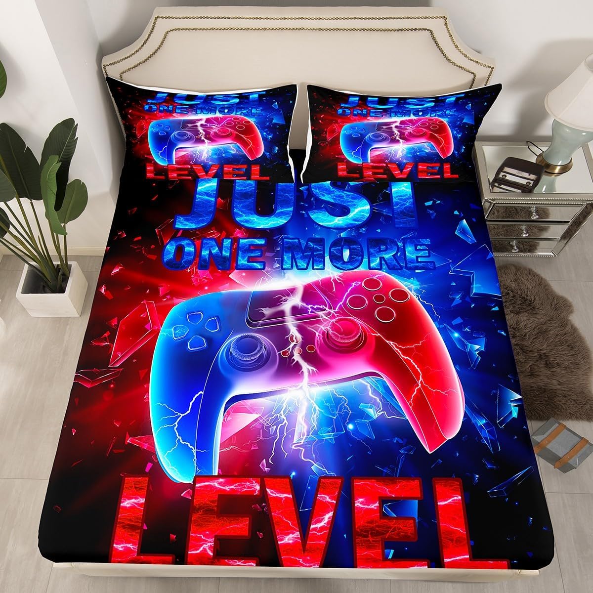 Youths Gamepad Kids Fitted Sheet Twin Size,Gamers Video Games Gaming Bedding Set,Boys Girls Adults Room Decor,Red Blue Lightning Light Bed Cover,Modern Fashion Bed Sheet,1 Pillowcase image 5