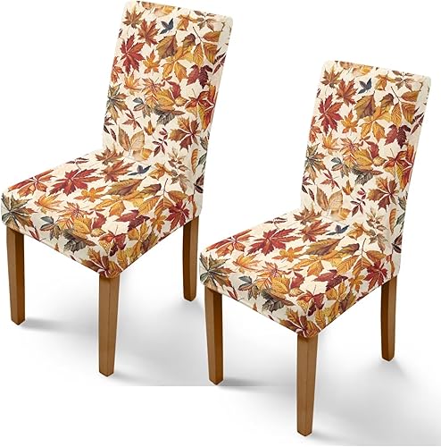 Rnyleeg Fall Autumn Seat Covers for Dining Chairs Set of 2 Leaves Themed Stretch Dining Chair Covers Soft Comfy Chair Slipcovers for Kitchen Hoja de