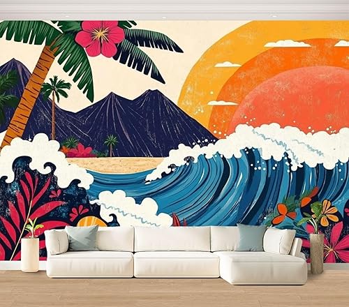 Miniatura 27 de Hawaii - Mural de pared retro exótico exótico tropical con olas de playa, paisaje, vintage, despegar y pegar, autoadhesivo, extraíble, adhesivo de