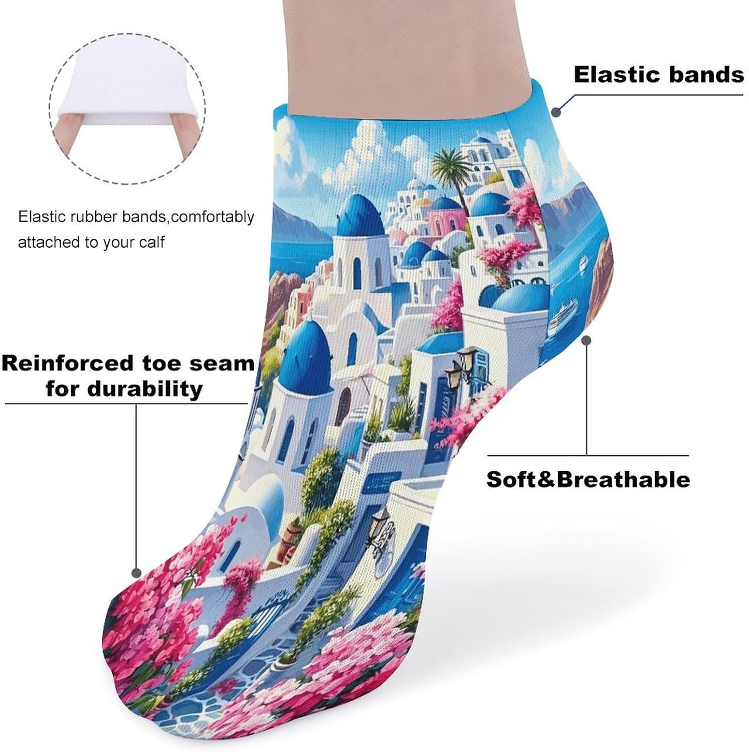 Santorini Seaside Town 5Pairs Low Cut Ankle Socks for Women No Show Casual Breathable Athletic Socks for Sport